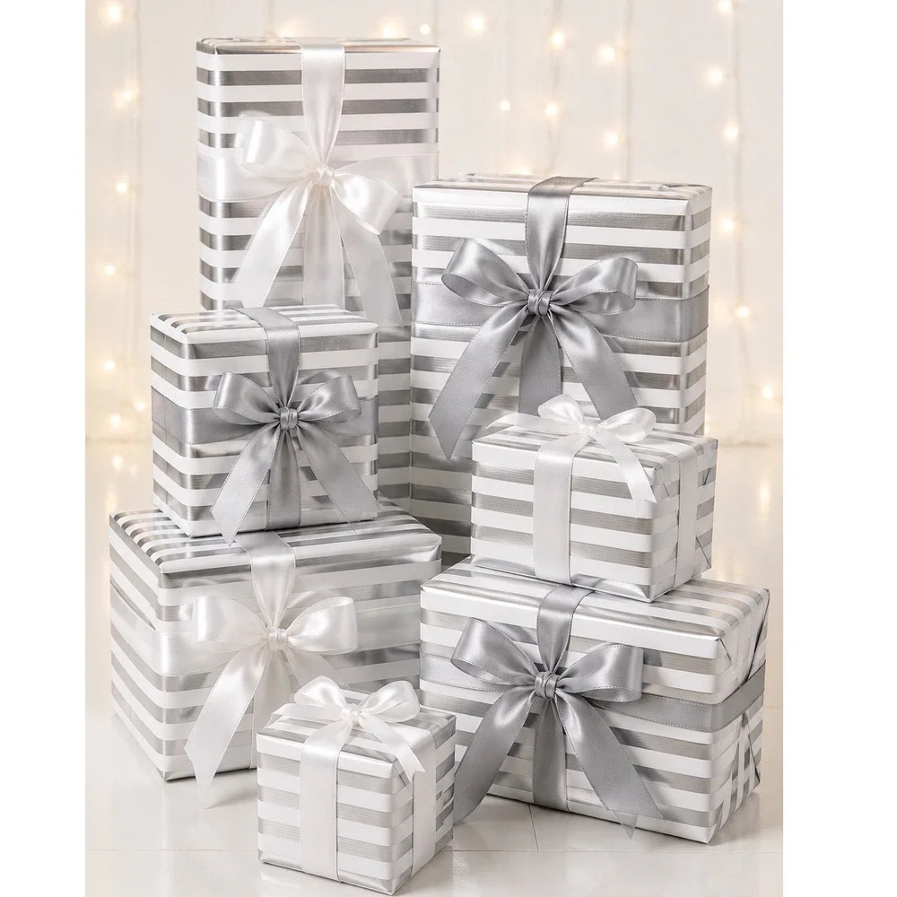 Bella Lux Silver White Striped Heavy Weight Gift Wrap 30 SqFt Party Chic 109-13